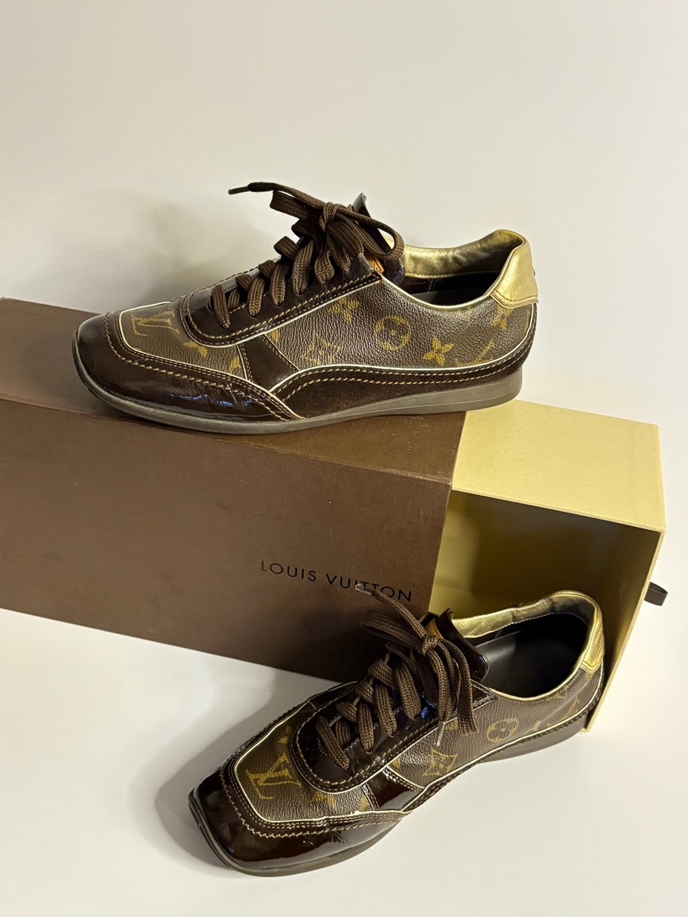 Louis Vuitton Brown Monogram Sneakers with Gold Heel Accent